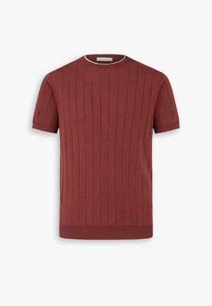 Kortærmet rust-rød strikket sweater med vertikal ribstrikning og rund halsudskæring, designet til herres afslappede påklædning.