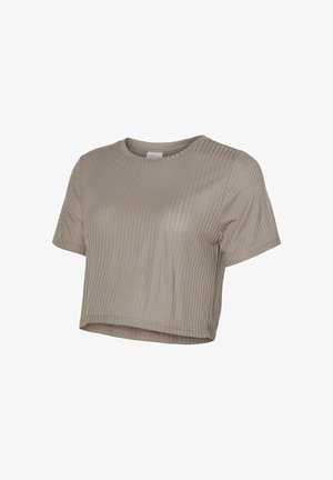Beige geribd crop top met korte mouwen, ronde halslijn en een aansluitende pasvorm.
