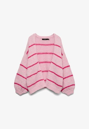 Šviesiai rožinis megztas kardiganas su plačiomis rankovėmis, puoštas ryškiomis rožinėmis juostomis. Atvira priekinė dalis su riboto audimo apykaklėmis. Minkšta tekstūra.