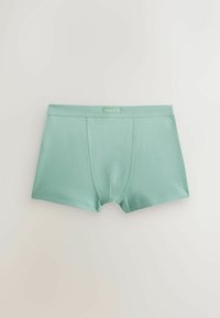Boxers pour hommes vert clair avec une coupe ajustée et des coutures visibles, posés à plat sur un fond blanc uni.