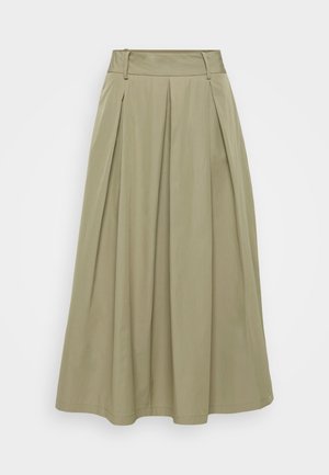 Khaki pleated skirt made of lightweight fabric, with a high waist and clean lines; features subtle sheen and no visible embellishments.
