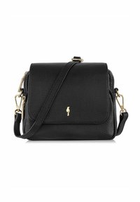 Czarna skórzana torba na ramię z fakturowanym wykończeniem, z zamknięciem na klapkę i złotymi elementami. Regulowany pasek, kompaktowy prostokątny kształt.