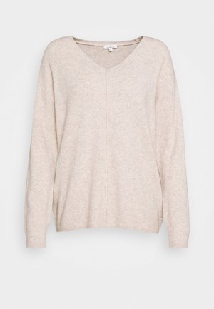 Jersey de punto beige con cuello en V, mangas largas, puños y bajo acanalados, y detalle de costura central, talla pequeña.