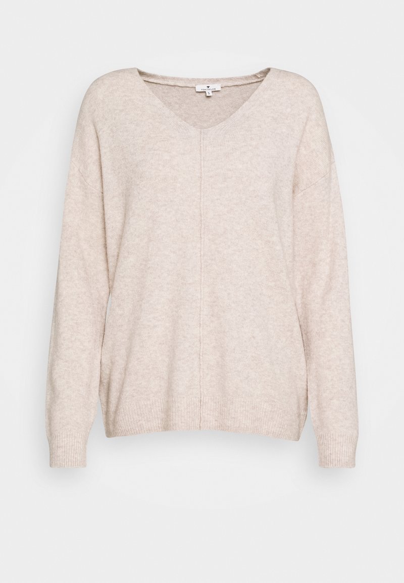 Pull beige en maille avec col en V, manches longues, poignets et ourlet côtelés, et détail de couture centrale, taille small.