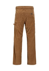 Corduroy pants in a warm brown color, featuring a straight leg design, rear pockets, and side cargo pocket for utility.