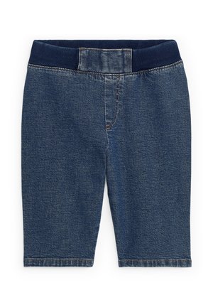 Donkerblauwe denim shorts voor kinderen met elastische tailleband en nep gulp, weergegeven op een witte achtergrond.