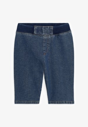 Short en denim bleu foncé pour enfants avec taille élastique et fausse braguette, présenté sur fond blanc.