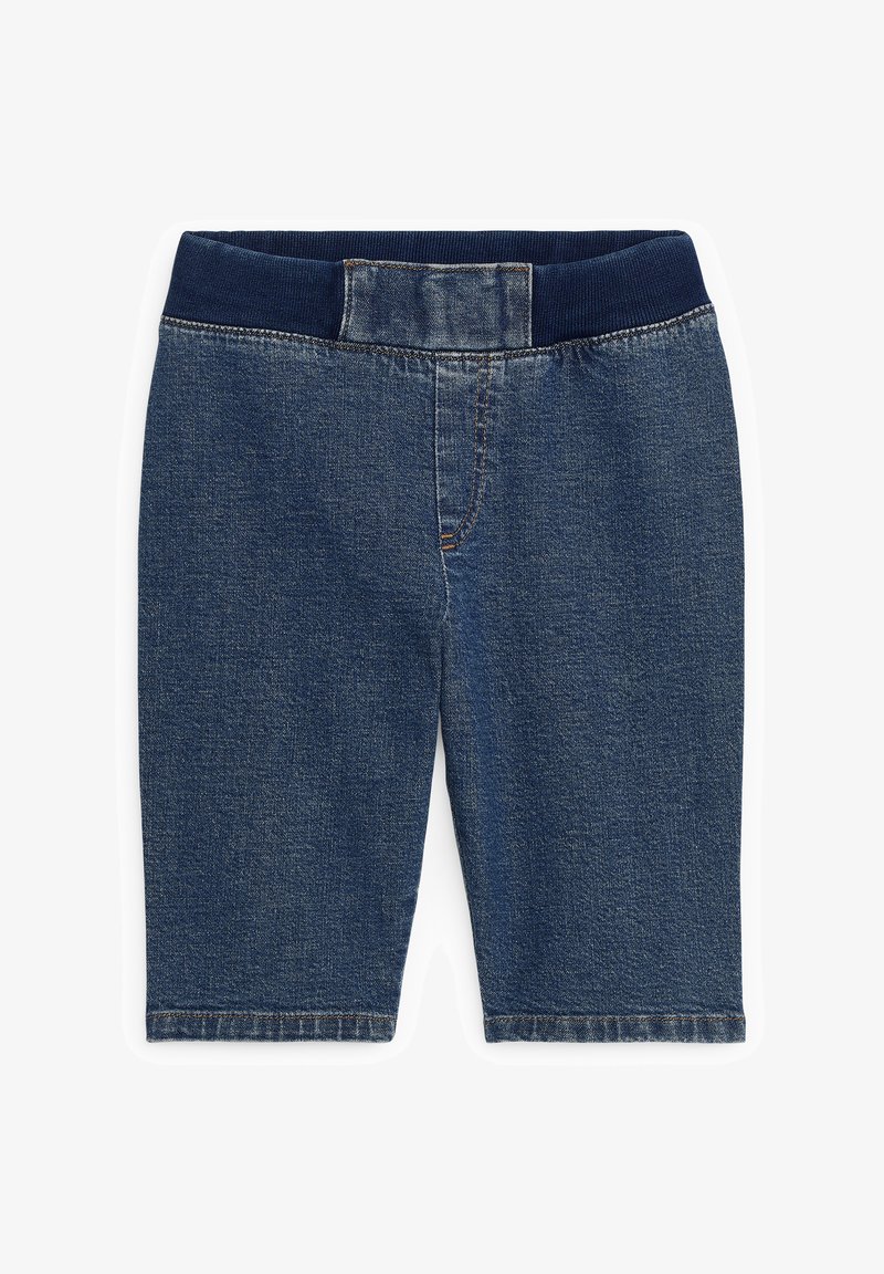 Short en denim bleu foncé pour enfants avec taille élastique et fausse braguette, présenté sur fond blanc.