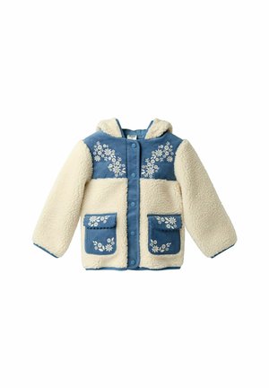Blå kordfløjl og cremet faux fur jakke med hætte, med blomsterbroderi, knaplukning foran og to forlommer.