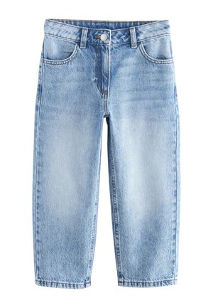 Hellblaue Jeans aus Denim mit Vordertaschen, Gürtelschlaufen und einem Metallknopfverschluss, dargestellt auf weißem Hintergrund.