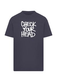 Navy blue cotton t-shirt with crew neck and short sleeves featuring bold white text: “CHECK YOUR HEAD” in a graffiti-style font.