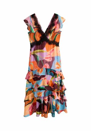 Květinové šaty bez rukávů s volánkovým lemem a černou krajkou na hlubokém výstřihu do V, v živých barvách oranžové, růžové, modré a zelené.