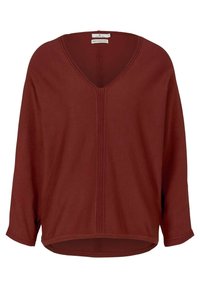 Pull-over bordeaux avec col en V, manches longues et coupe décontractée. Présente des détails cousus au centre et un ourlet arrondi.
