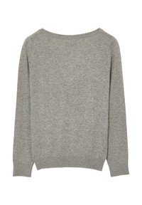 Hellgrauer Pullover mit langen Ärmeln, weitem Rundhalsausschnitt sowie gerippten Bündchen und Saum. Hergestellt aus weichem, strukturiertem Stoff.