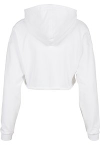 Bela kratka jopa s kapuco, dolgimi rokavi in rebrastimi manšetami. Gladek teksturni videz brez vidnih vzorcev ali kovinskih detajlov.