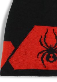 Black knit fabric with a bold red geometric pattern featuring a black spider graphic on one side.