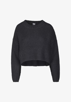 Afgeknot zwarte gebreide trui met een gestructureerde stof, ronde halslijn en losvallende lange mouwen.