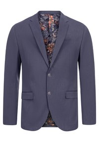 Marineblauer Blazer mit Reverskragen, zwei Fronttaschen und Zwei-Knopf-Verschluss. Das Innenfutter zeigt ein farbenfrohes Blumen- und Paisley-Muster.