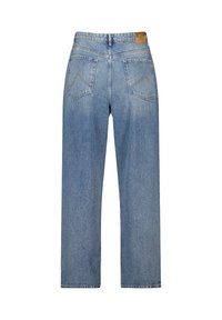 Lichtblauwe denim jeans met een rechte pasvorm, hoge taille en achterzakken met een gebogen ontwerp en een leren merkteken in bruin.
