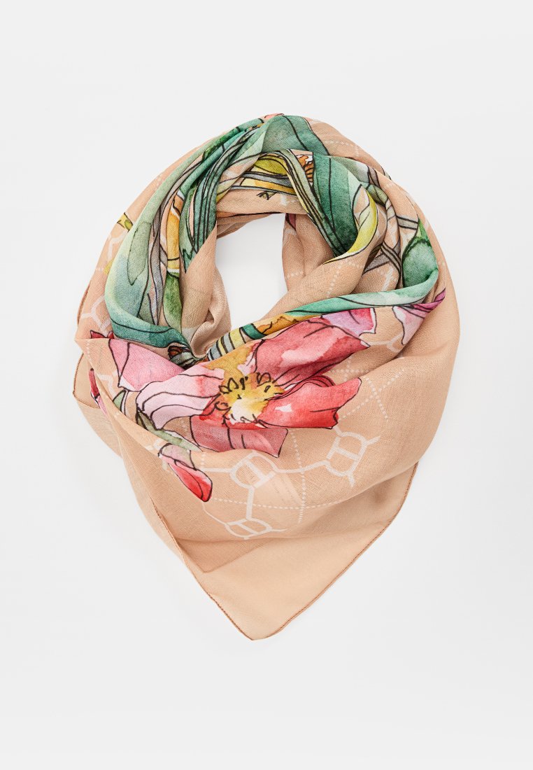 Seidenschal mit einem floralen Muster, das rosa und gelbe Blumen auf einem beigen Hintergrund zeigt, umgeben von grünen Blättern und geometrischen Akzenten.
