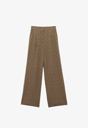 Bredde benbukser i et brunt herringbone-mønster med knaplukning, plisseret front og blødt, tekstureret stof.