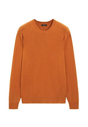 Orange stickad tröja med långa ärmar, rund hals, ribbad nederkant och manschetter. Tillverkad av mjukt material med en jämn textur.
