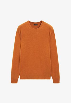 Oranje gebreide trui met lange mouwen, ronde hals, geribde zoom en manchetten. Gemaakt van zacht materiaal met een soepele textuur.