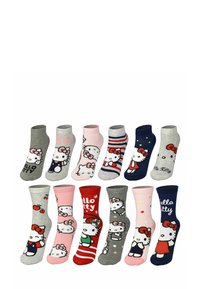 Set of 12 pairs of children's socks featuring Hello Kitty designs in various colors, materials, and patterns, including gray, pink, red, and navy.