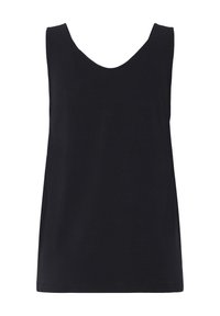 Débardeur noir sans manches avec encolure ronde, ourlet droit et coupe ample.