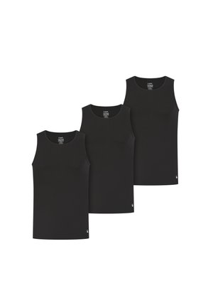 Trois débardeurs noirs sans manches disposés en rangée, chacun avec un col rond et un petit logo près de l’ourlet inférieur.
