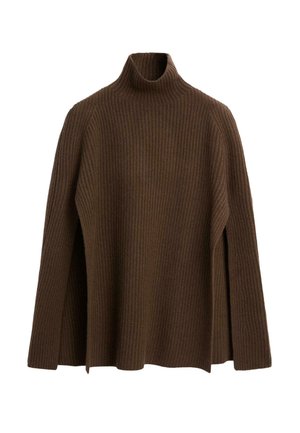 Brown ribbed knit turtleneck sweater with long sleeves and a relaxed fit.