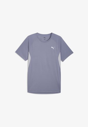 Grey short-sleeve athletic shirt made of lightweight fabric. Features a round neckline and white logo on the left chest.