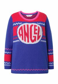 Blauwe en rode gebreide trui met "ANGEL" graphic, ronde halslijn en contrasterende mouwpatronen; zachte textuur en ontspannen pasvorm.