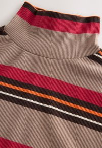 Bēša ribota augsta kakla blūze ar sarkaniem, brūniem, oranžiem un baltiem svītrām. Raksturo augsts kakla izgriezums un mīksta tekstūra.