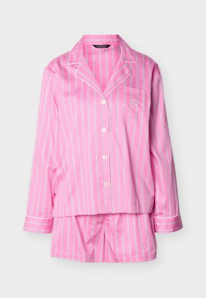 Pink button-up long-sleeve pajama top and matching shorts with vertical white stripes and a chest pocket with embroidered initials.