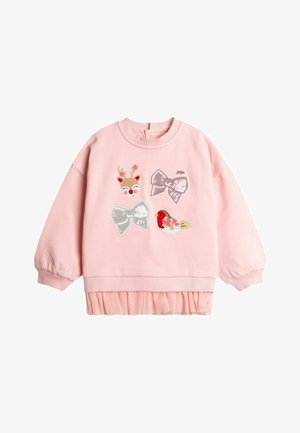 Rosa Langarm-Kinderschweißshirt mit gerippten Bündchen und Tüllsaum, verziert mit glitzernden Schleifen, einem Rentiergesicht und Vogel-Patches.
