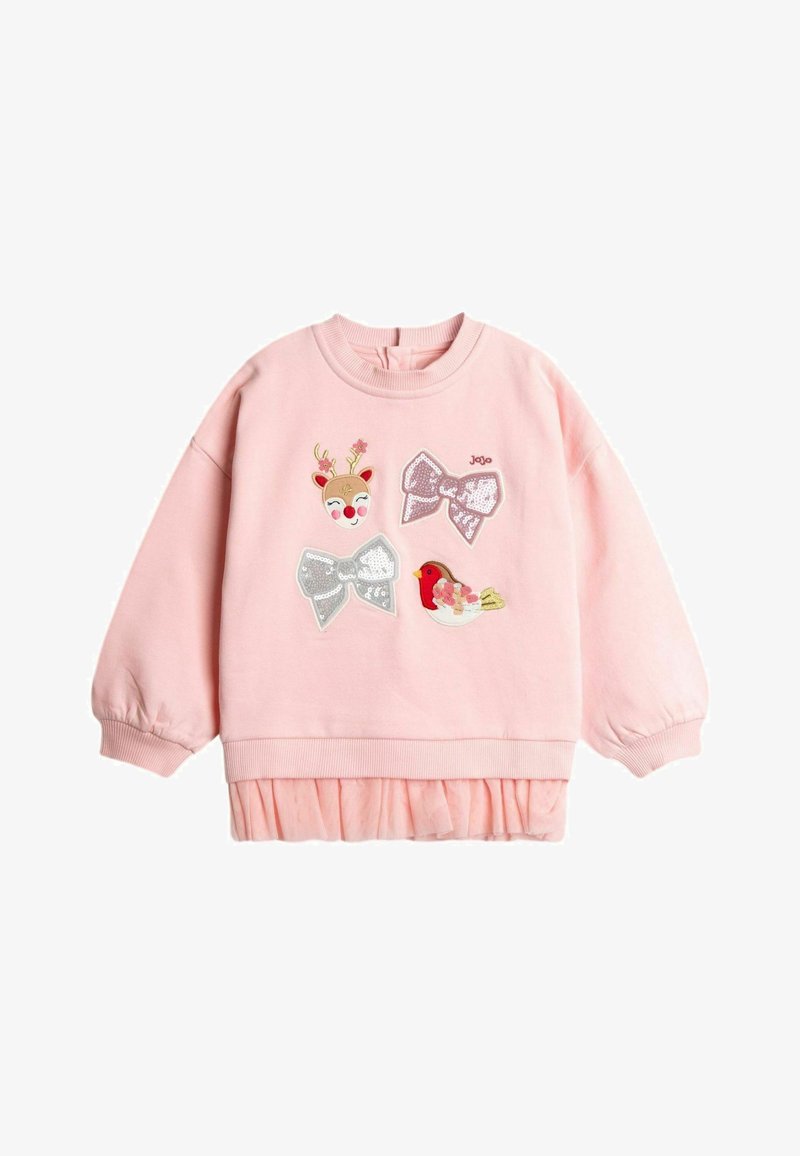 Bluza pentru copii cu mânecă lungă de culoare roz, cu manșete cu nervuri și tiv din tul, decorată cu fundițe cu paiete, fața unui ren și aplicații cu păsări.