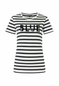 Striped t-shirt in navy and white, featuring a sequin "BLUF" design on the front. Short sleeves and a round neck. Cotton material.