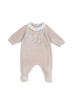 Morbido body beige per neonati con piedini, colletto bianco arricciato, maniche lunghe, bottoni laterali e ricamo di un orsetto sul petto.