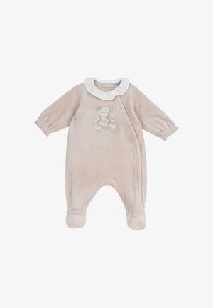 Body bébé beige doux avec pieds, col blanc à volants, manches longues, boutons latéraux et broderie d'ours en peluche sur la poitrine.