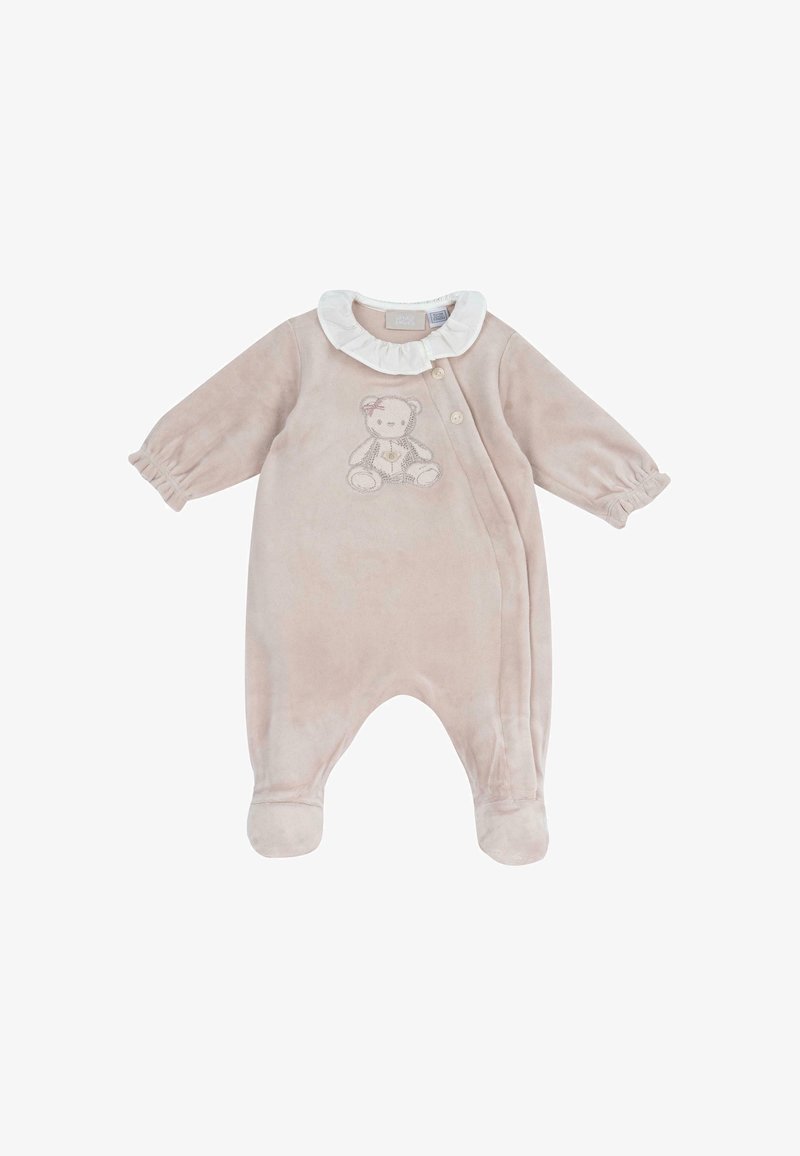 Body bébé beige doux avec pieds, col blanc à volants, manches longues, boutons latéraux et broderie d'ours en peluche sur la poitrine.