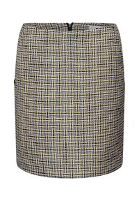 Jupe crayon mi-genou en tweed à carreaux bleu, jaune et marron avec une fermeture éclair noire à l'arrière de la ceinture.