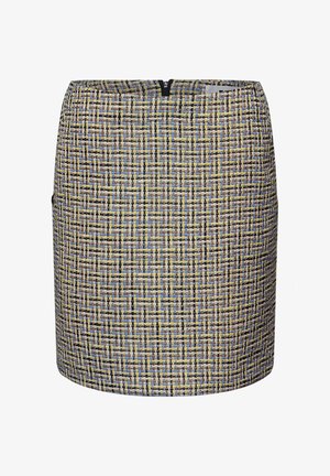 Jupe crayon mi-genou en tweed à carreaux bleu, jaune et marron avec une fermeture éclair noire à l'arrière de la ceinture.