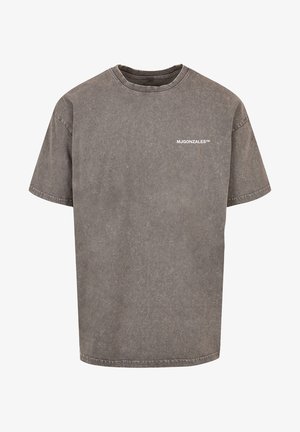 Gray short-sleeve t-shirt with a slightly faded texture. Features a crew neckline and a small white logo on the front. Square shape.