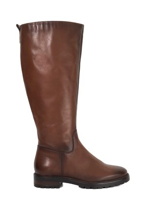Brown leather knee-high boot with a smooth finish, rounded toe, and low block heel. Features a stitched edge and a pull tab at the top.