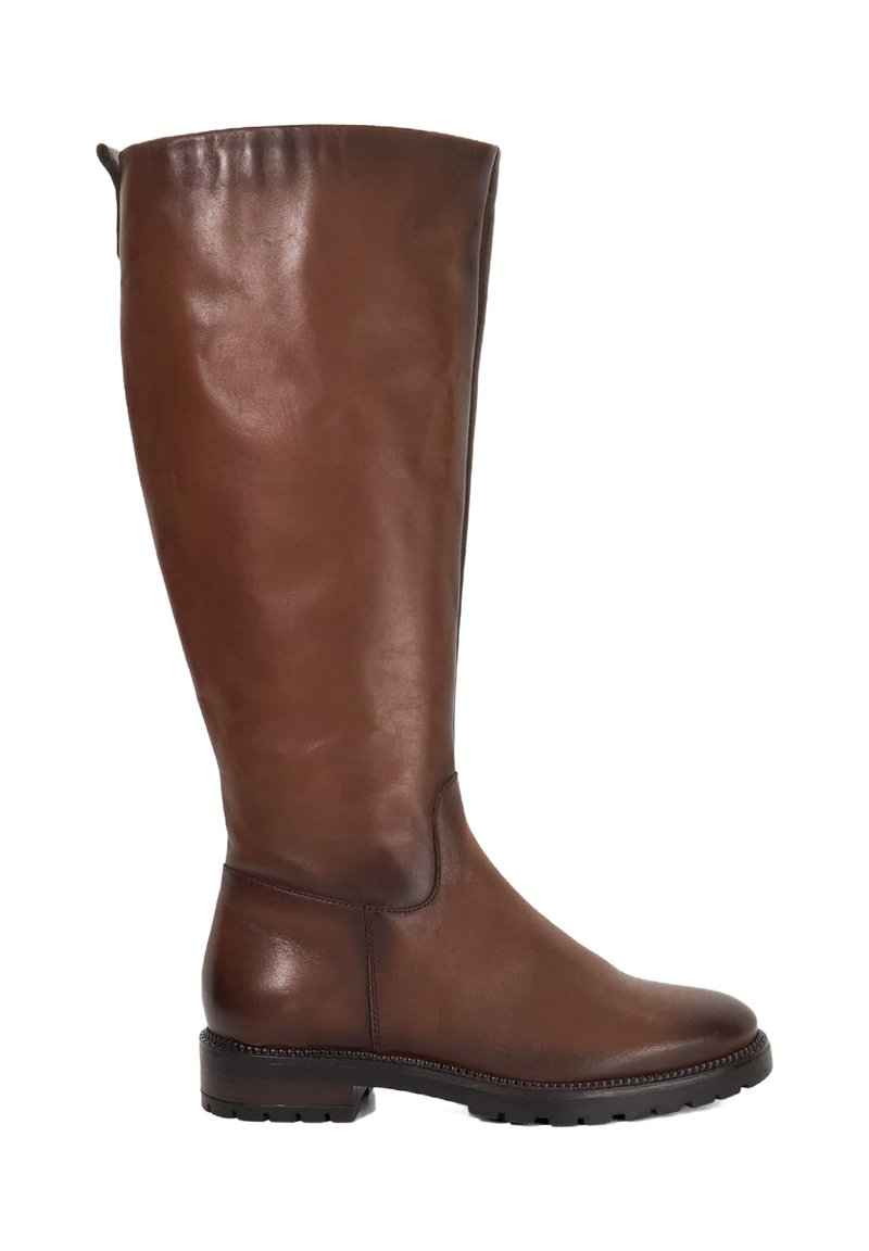 Brown leather knee-high boot with a smooth finish, rounded toe, and low block heel. Features a stitched edge and a pull tab at the top.