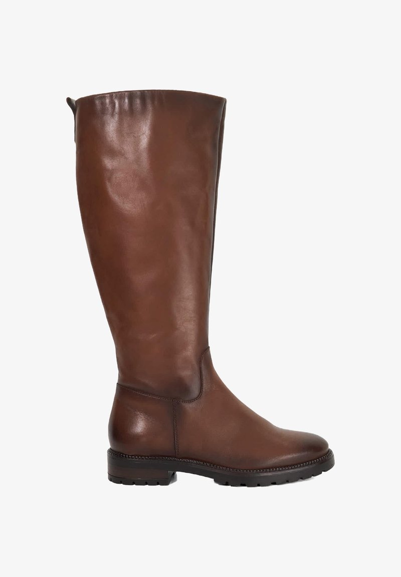 Brown leather knee-high boot with a smooth finish, rounded toe, and low block heel. Features a stitched edge and a pull tab at the top.