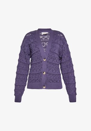 Violetti neulecardigan, jossa on avoin kuvio, V-mallinen kaula-aukko, napitus ja resorit. Kangas sisältää koristeellisia kuvioita.