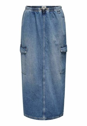 Blå denim midinederdel med elastisk talje, sidelommer med klapper og centralt søm, der løber lodret ned foran.