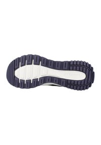 Semelle de sneaker Skechers en caoutchouc texturé violet foncé avec des accents blancs. Motifs de grip marquants et logo de la marque visibles.